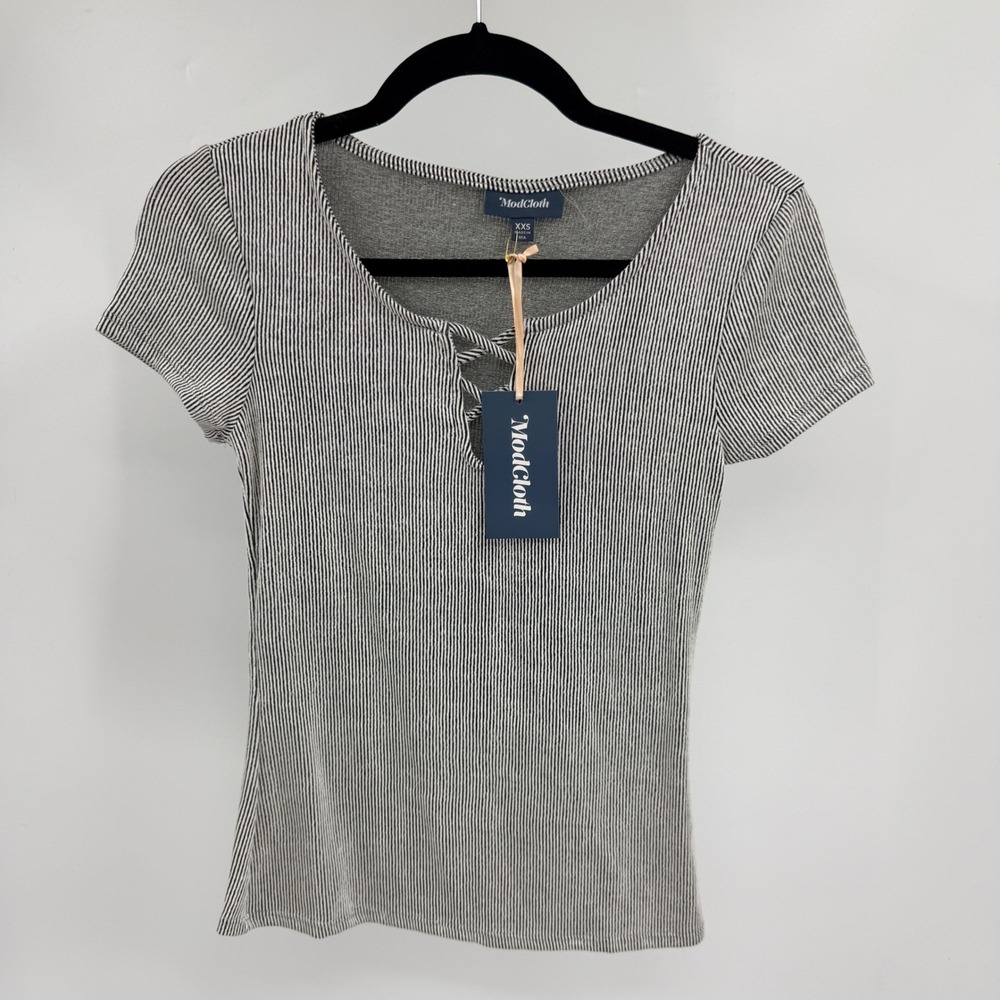 ModCloth Womens XXS Black White Striped Lace Up Ribbed Short Sleeve Top stretchy